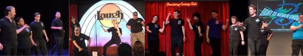 A collage of four images showcasing live improvisational comedy performances featuring multiple performers in black shirts on stage, with colorful backdrops including the 'Laugh Factory' and 'Broadway Comedy Club' signs.