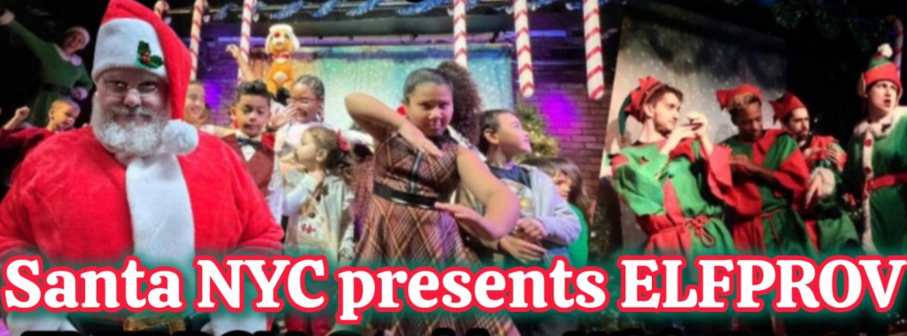 A festive scene featuring Santa Claus in a red suit and several children dancing on stage during the 'Santa NYC presents ELFPROV' performance.