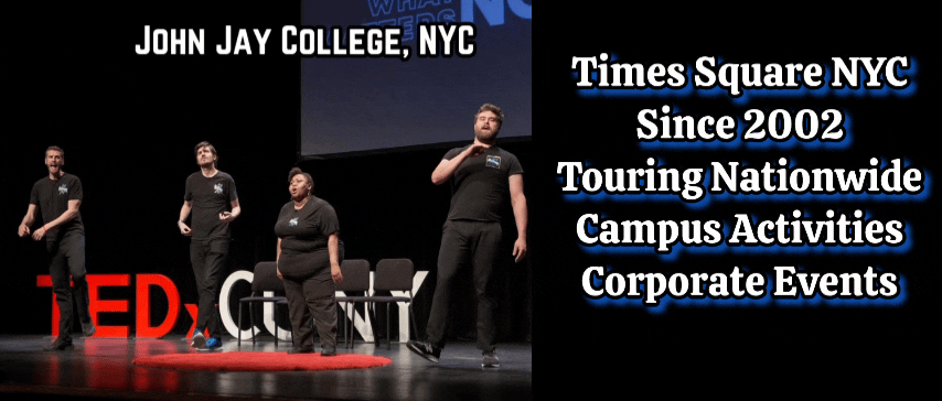 Four performers on stage at John Jay College in NYC, promoting events such as campus activities and corporate events.