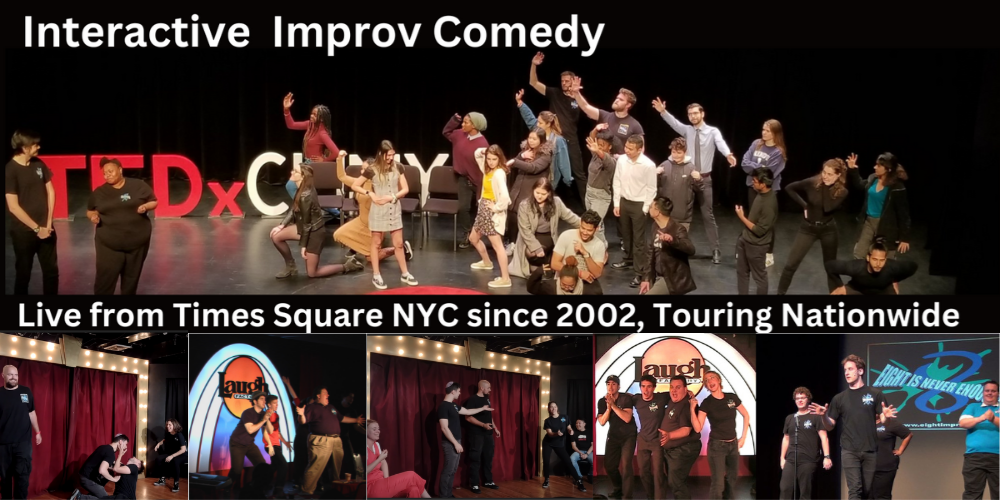 A lively interactive improv comedy performance featuring a large group of performers on stage, with various scenes in progress, promoting live entertainment from Times Square NYC since 2002.