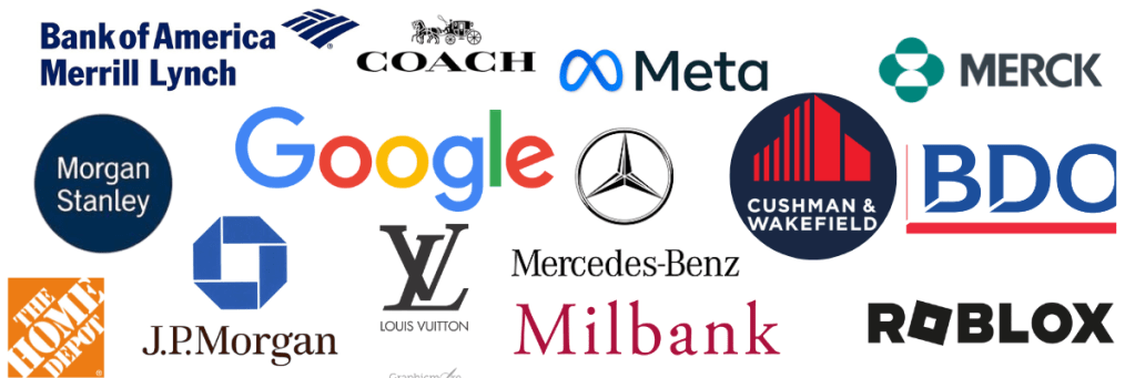 Collage of corporate logos including Bank of America Merrill Lynch, Morgan Stanley, Google, Mercedes-Benz, and Roblox.