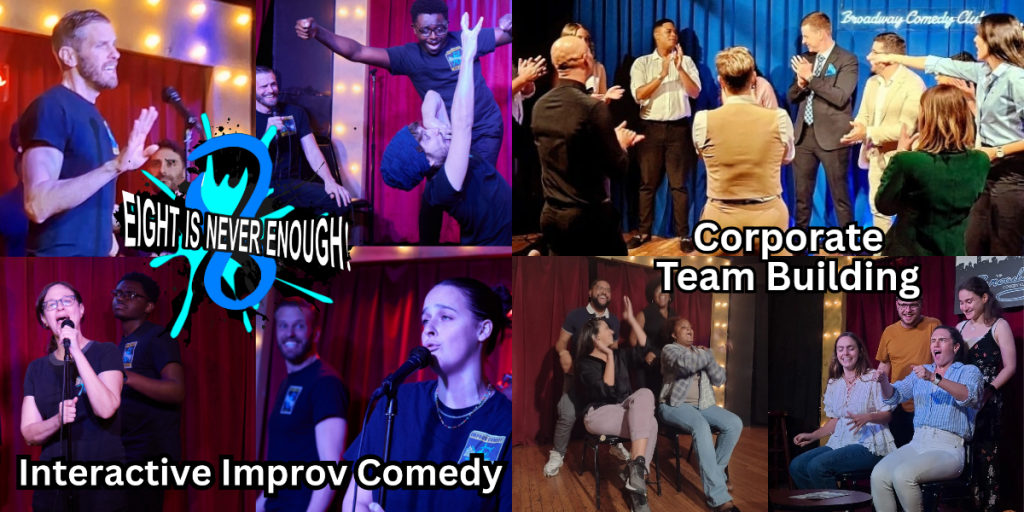 A collage showcasing an interactive improv comedy show with performers on stage, engaging with the audience.